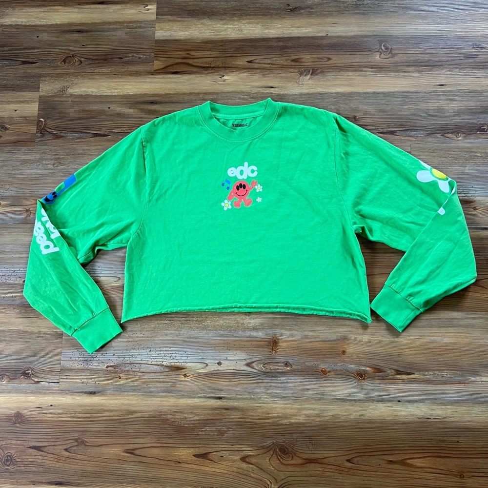 Insomniac EDC M Green Cropped Long Sleeve Graphic T-Shirt All Are Welcome Here